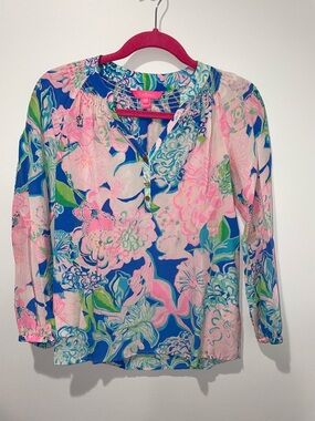 Lilly Pulitzer Elsa Long Sleeve Blouse in Blue and Pink